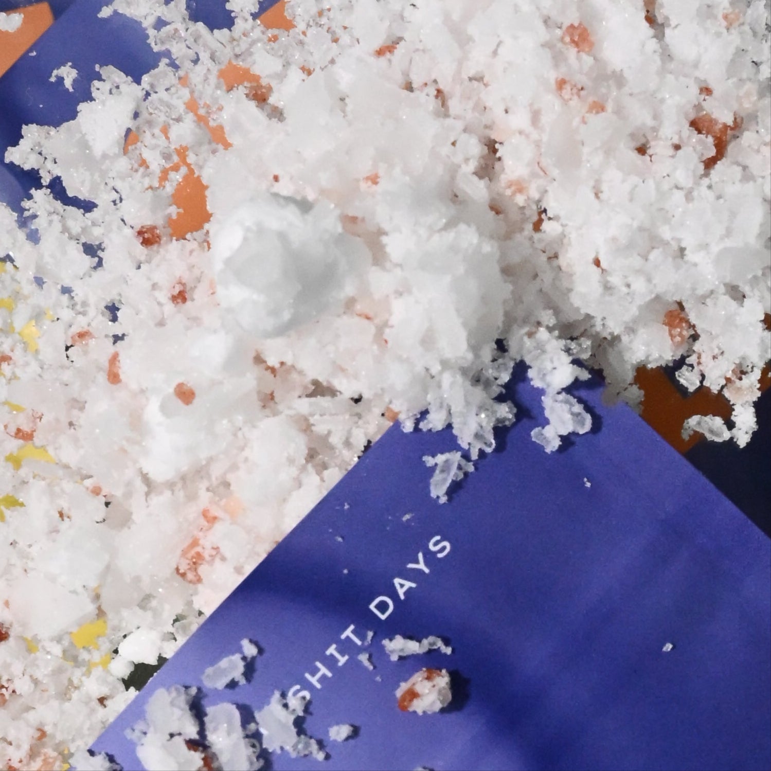 Close up of salty vibes bath salts and the word shit days written on the bag